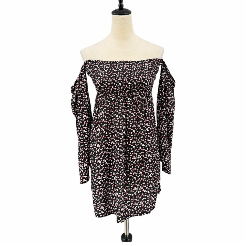 Exist NWT Juniors Black & Pink Floral Smocked Off the Shoulder Flowy Mini Dress